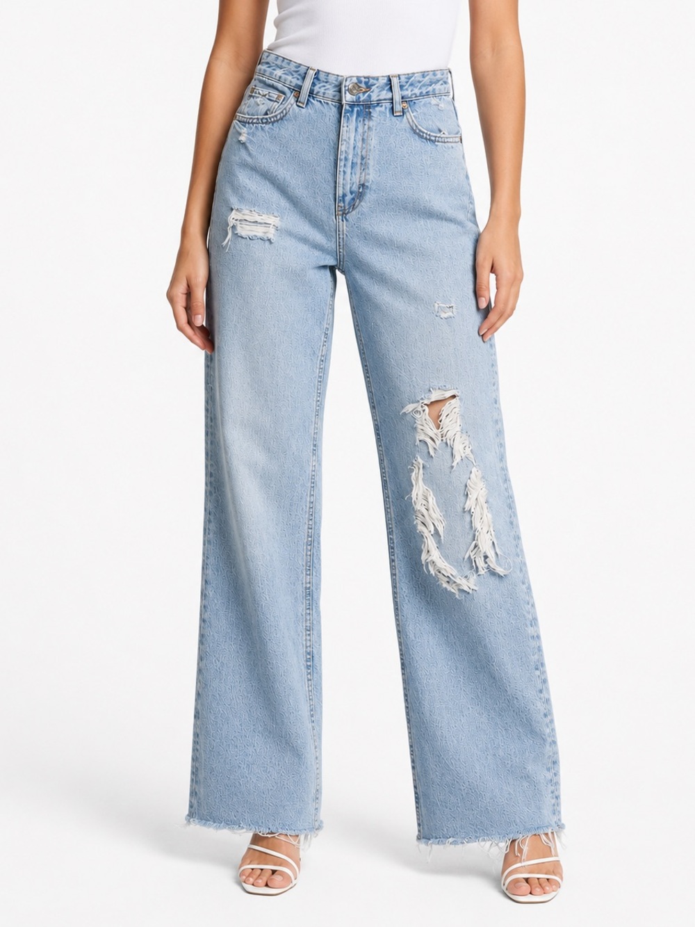 Zara Size 6 High Rise Distressed Wide Leg Jeans Light Wash Raw Hem